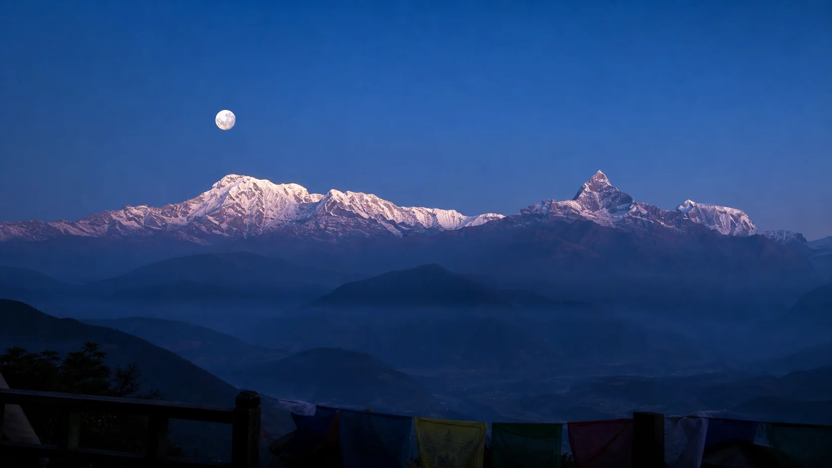 Illustrative moonlit Annapurna panorama representing the Sarangkot finale